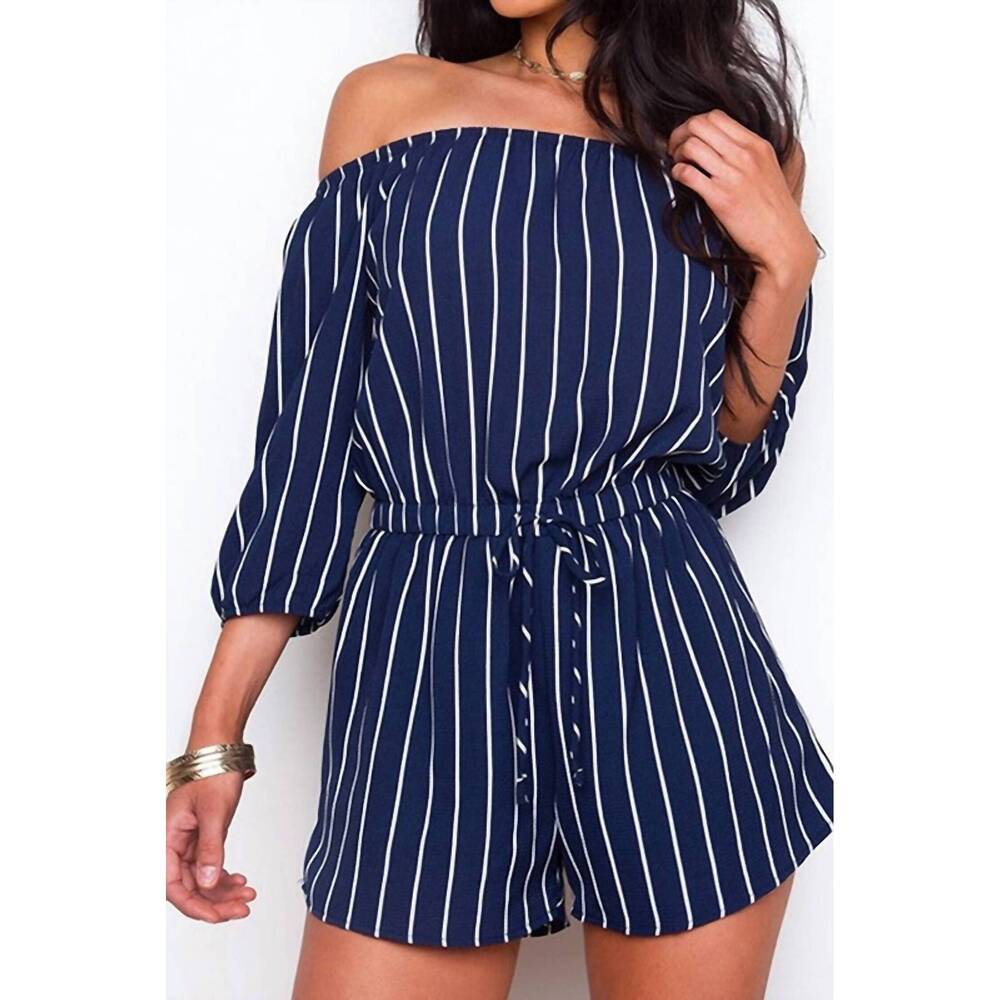 NEW URBAN MIX vertical striped off shoulder romper in navy